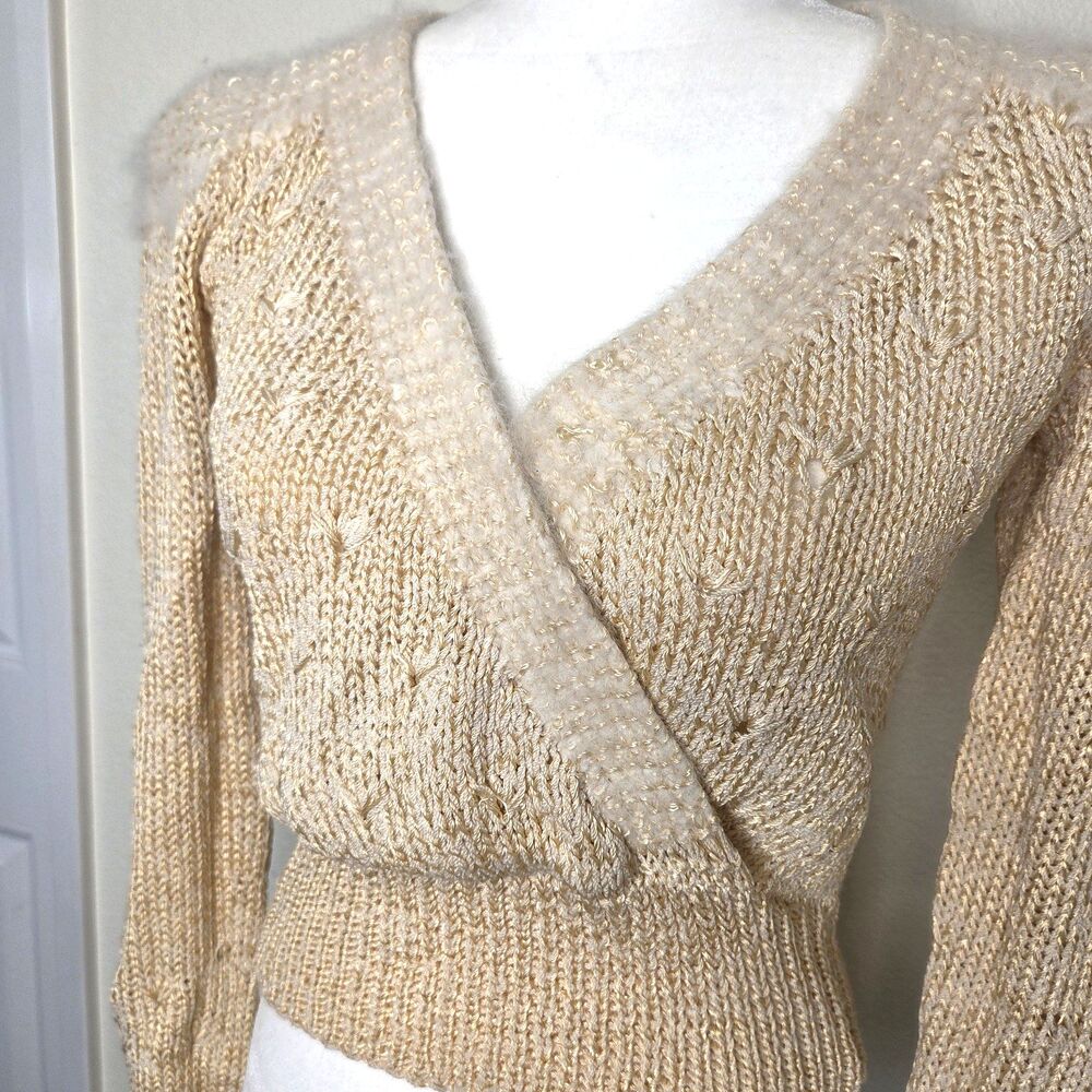 VTG Antonella Preve Ivory Hand Knit 80s Sweater V Neck Suplus Angora Trim size M